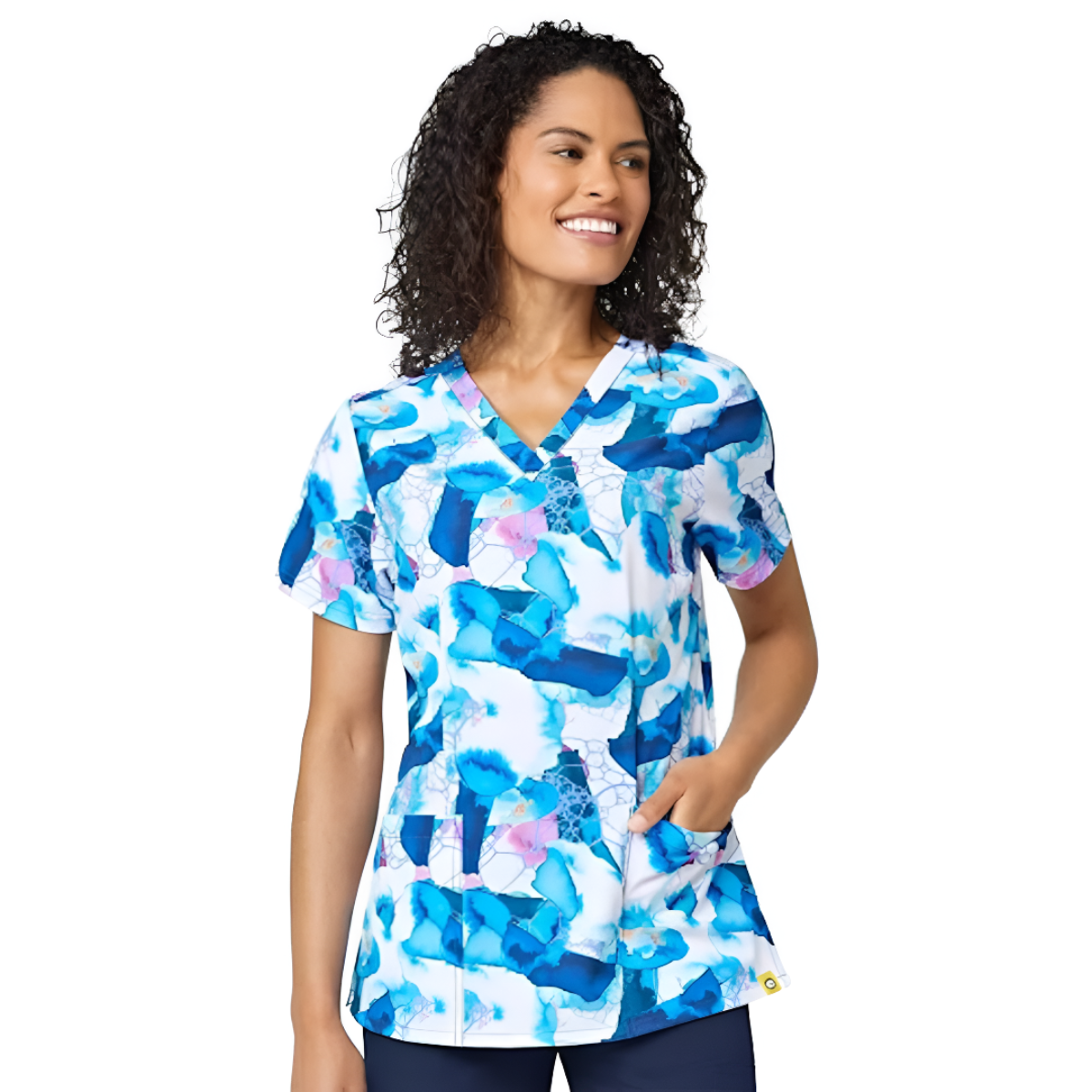 Filipina Médica ajustada con cuello V y 3 bolsillos con estampado azul laguna para mujer | Marca Wink